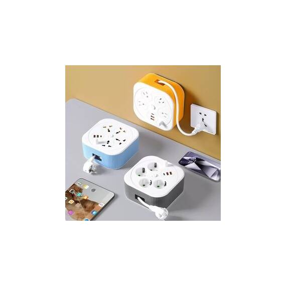 Prelungitor de calatorie, 4 Prize / 2 USB A / 1 USB C, 2m, 10A, 250V : Culoare - bleu - 7- Roveli