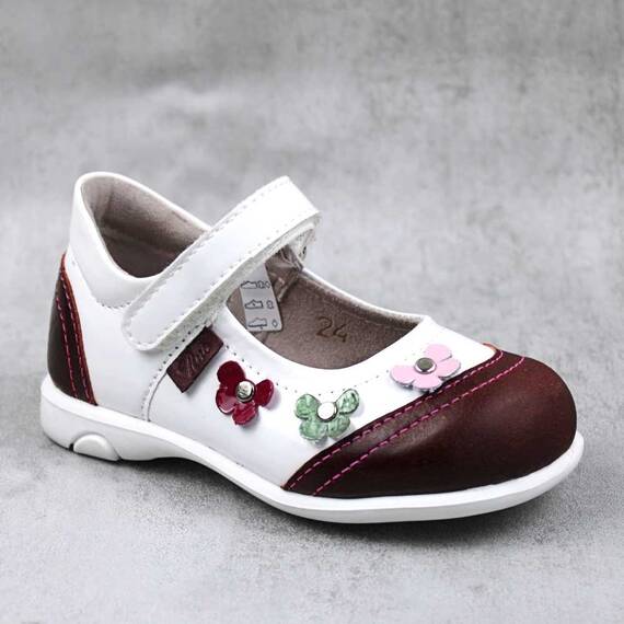 Pantofi usori , de copii , decorati cu flori , din piele naturala 1793-ALB/BORDO2, Culoare (12): Bordo, Marime (12): 24 - - Roveli