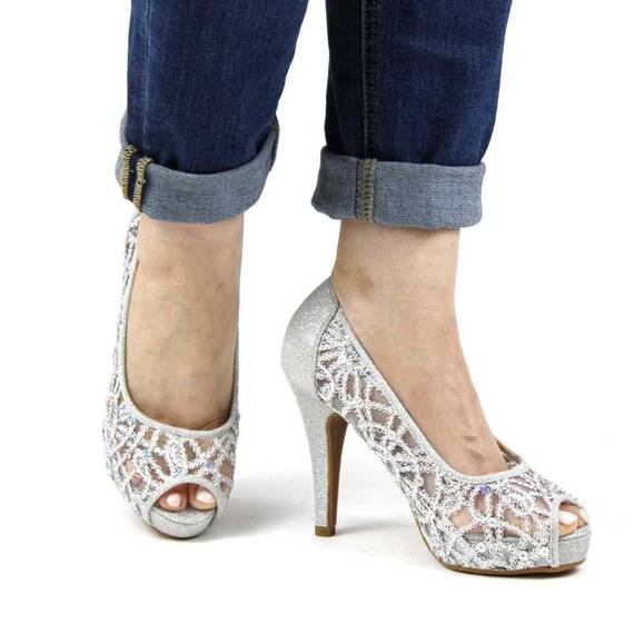​Pantofi de dama eleganti cu platforma si toc inalt, cu paiete si insertii argintii A1281-SILVER - 5- Roveli