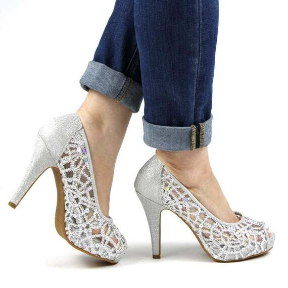 ​Pantofi de dama eleganti cu platforma si toc inalt, cu paiete si insertii argintii A1281-SILVER - 6- Roveli