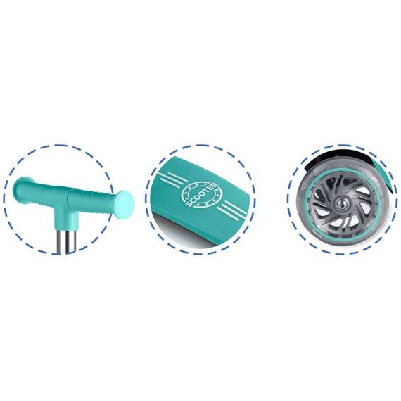 Trotineta de echilibru cu trei roti, material ghidon din aluminiu, inaltimea reglabila a ghidonului, iluminare LED, greutate maxima utilizator 50 kg, punte fluorescenta, turcoaz - 6- Roveli