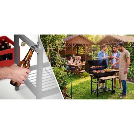 Gratar de gradina cu carbune, constructia robusta, tip butoi, maner din lemn, rafturi laterale pliabile, roti mobile, gratar din fonta, 70 x 35 cm, negru - 2- Roveli