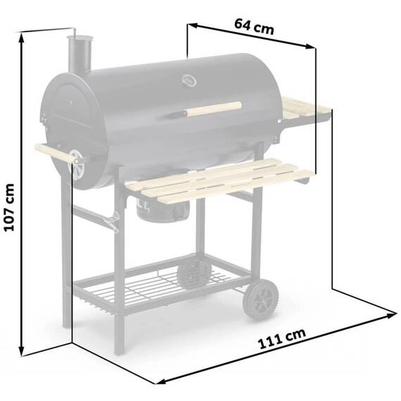 Gratar de gradina cu carbune, constructia robusta, tip butoi, maner din lemn, rafturi laterale pliabile, roti mobile, gratar din fonta, 70 x 35 cm, negru - 3- Roveli
