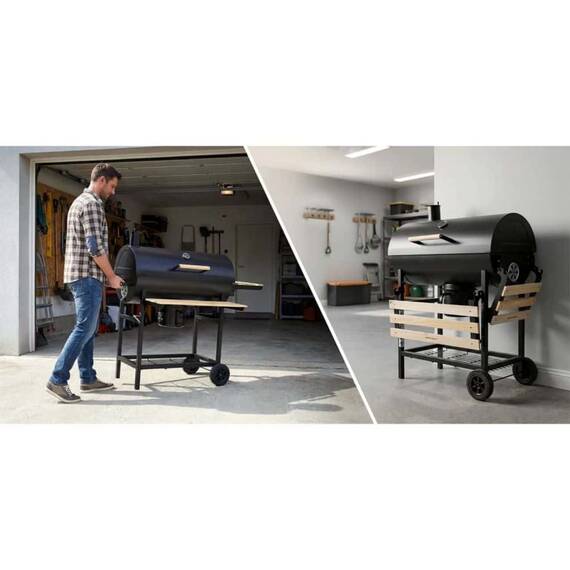 Gratar de gradina cu carbune, constructia robusta, tip butoi, maner din lemn, rafturi laterale pliabile, roti mobile, gratar din fonta, 70 x 35 cm, negru - 4- Roveli
