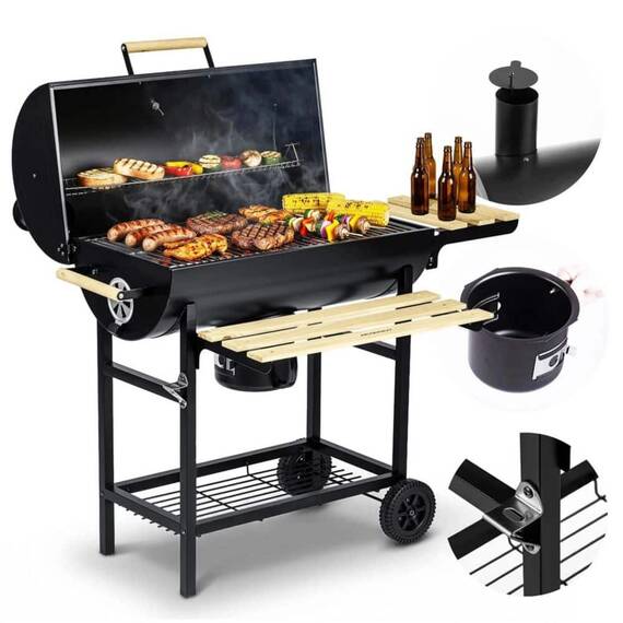 Gratar de gradina cu carbune, constructia robusta, tip butoi, maner din lemn, rafturi laterale pliabile, roti mobile, gratar din fonta, 70 x 35 cm, negru - 5- Roveli