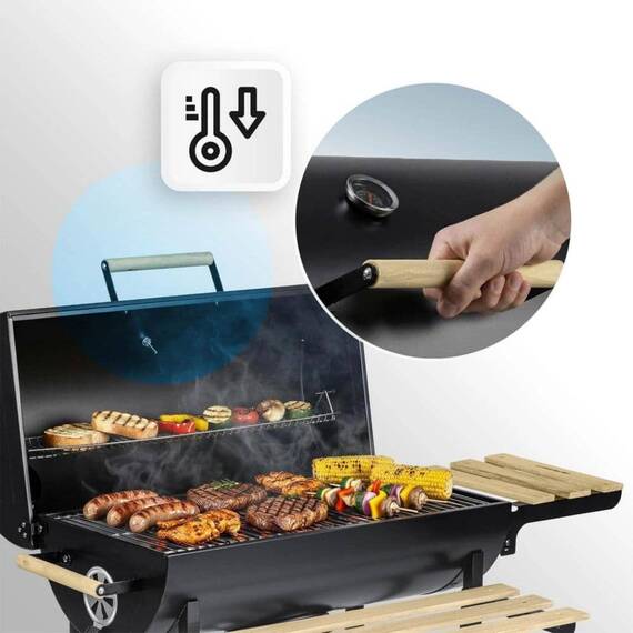 Gratar de gradina cu carbune, constructia robusta, tip butoi, maner din lemn, rafturi laterale pliabile, roti mobile, gratar din fonta, 70 x 35 cm, negru - 6- Roveli