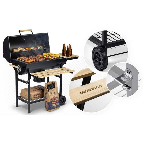Gratar de gradina cu carbune, constructia robusta, tip butoi, maner din lemn, rafturi laterale pliabile, roti mobile, gratar din fonta, 70 x 35 cm, negru - 7- Roveli