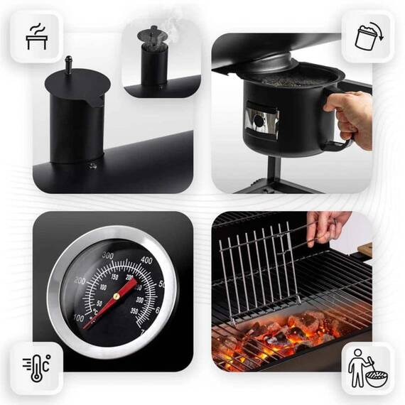 Gratar de gradina cu carbune, constructia robusta, tip butoi, maner din lemn, rafturi laterale pliabile, roti mobile, gratar din fonta, 70 x 35 cm, negru - 8- Roveli