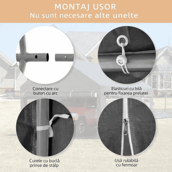 Pavilion multifunctional tip garaj DacEnergy©, depozitare, evenimente, cu ferestre, ambele capete detasabile, cadru metalic din otel, prelata rezistenta, utilizare in fiecare sezon, 3.6 x 6 x 2.95 m - 13- Roveli