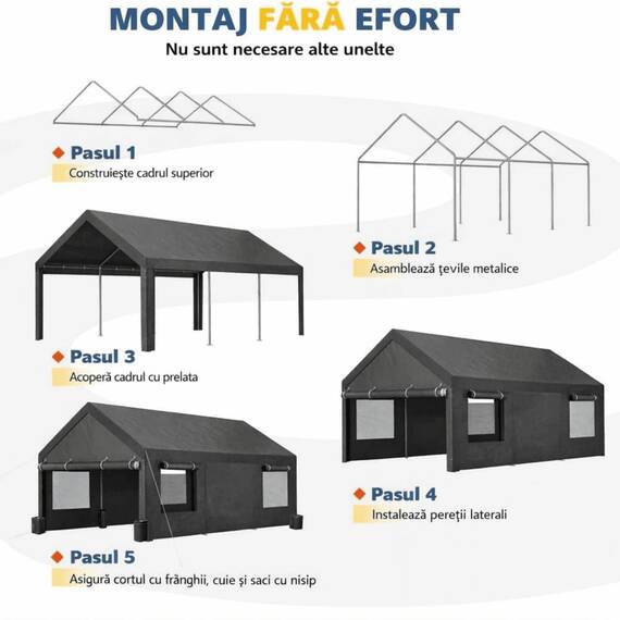 Pavilion multifunctional tip garaj DacEnergy©, depozitare, evenimente, cu ferestre, ambele capete detasabile, cadru metalic din otel, prelata rezistenta, utilizare in fiecare sezon, 3 x 6 x 2.75 m - 10- Roveli