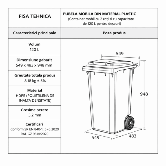 Pubela mobila DacEnergy©, realizata din plastic, cu roti, rezistent la actiunea razelor ultraviolete, frig, caldura, 120 L, 549 x 483 x 948 mm, galbena - 2- Roveli