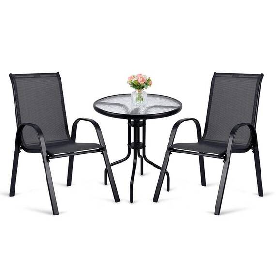 Set mobilier gradina DacEnergy©, 2 scaune, o masa rotunda, blat frumos din sticla, tapiteria scaunelor din textilene, aspect estetic, stil minimalist, pentru gradina, terasa, balcon - - Roveli