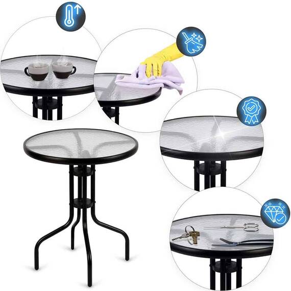 Masa rotunda de gradina DacEnergy©, blat din sticla securizata, cadru durabil din otel, forma eleganta, 2 persoane, 60 x 71 x 54 cm - 2- Roveli