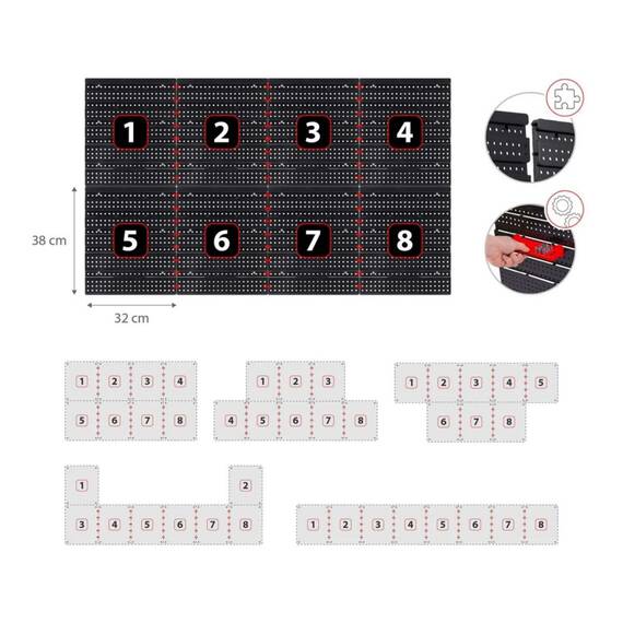 Tabla de scule pentru atelier, 12 cuve mici, 12 cuve mari, 4 rafturi, 6 suporturi si carlige, 2 seturi de suporturi pentru chei, design modular, 128 x 76 cm - 2- Roveli