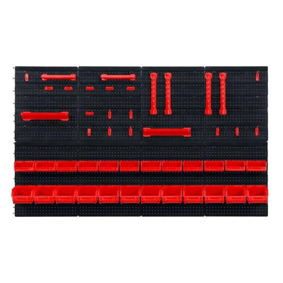 Tabla de scule pentru atelier, 12 cuve mici, 12 cuve mari, 4 rafturi, 6 suporturi si carlige, 2 seturi de suporturi pentru chei, design modular, 128 x 76 cm - - Roveli