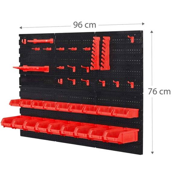 Tabla de scule pentru atelier, 9 cuve mici, 9 cuve mari, 2 rafturi, 16 suporturi si carlige, 1 set de suporturi pentru chei, design modular, 96 x 76 cm - 2- Roveli
