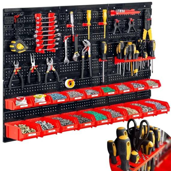 Tabla de scule pentru atelier, 9 cuve mici, 9 cuve mari, 2 rafturi, 16 suporturi si carlige, 1 set de suporturi pentru chei, design modular, 96 x 76 cm - 3- Roveli