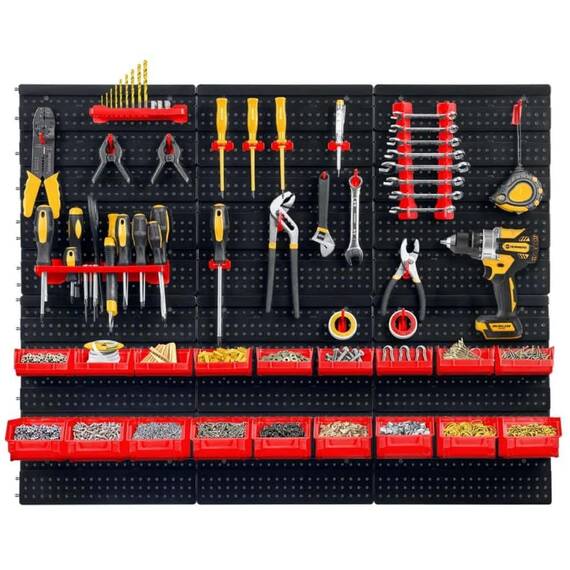 Tabla de scule pentru atelier, 9 cuve mici, 9 cuve mari, 2 rafturi, 16 suporturi si carlige, 1 set de suporturi pentru chei, design modular, 96 x 76 cm - 4- Roveli