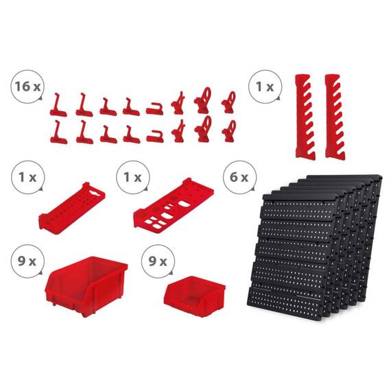 Tabla de scule pentru atelier, 9 cuve mici, 9 cuve mari, 2 rafturi, 16 suporturi si carlige, 1 set de suporturi pentru chei, design modular, 96 x 76 cm - 8- Roveli