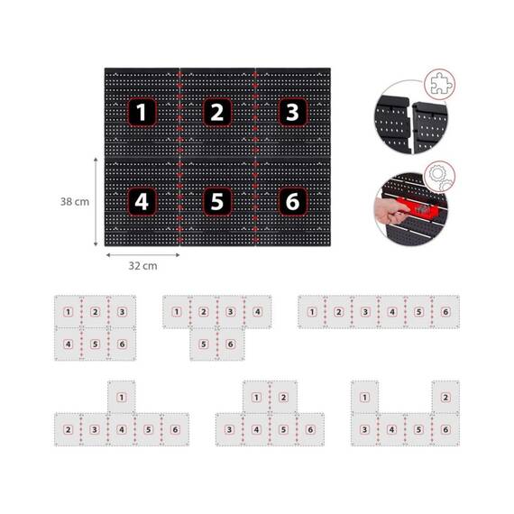 Tabla de scule pentru atelier, 9 cuve mici, 9 cuve mari, 2 rafturi, 16 suporturi si carlige, 1 set de suporturi pentru chei, design modular, 96 x 76 cm - 11- Roveli