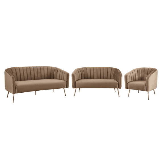 Canapea de design cu 3 locuri, tesatura Velvet maro/gold crom-auriu, BAGY - 3- Roveli