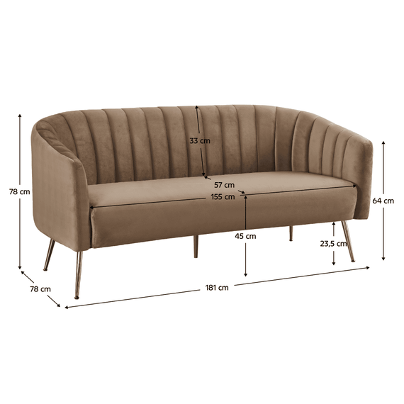 Canapea de design cu 3 locuri, tesatura Velvet maro/gold crom-auriu, BAGY - 7- Roveli