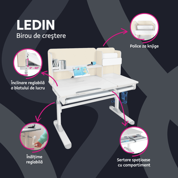 Birou crescator, natural/alb, LEDIN - 2- Roveli