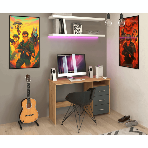 Birou PC, stejar artizanal/grafit, LARISTOTE NEW - 18- Roveli