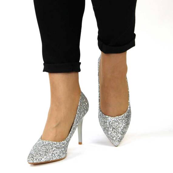 ​Pantofi stiletto de dama, decorati cu glitter argintiu 608-1-SILVER - 2- Roveli