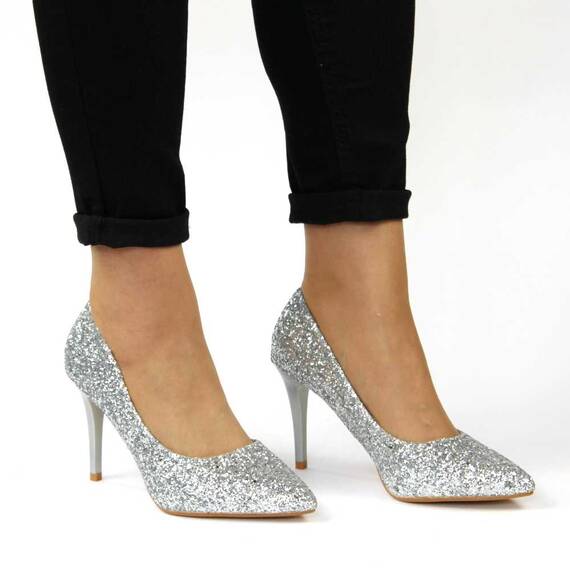 ​Pantofi stiletto de dama, decorati cu glitter argintiu 608-1-SILVER - 3- Roveli
