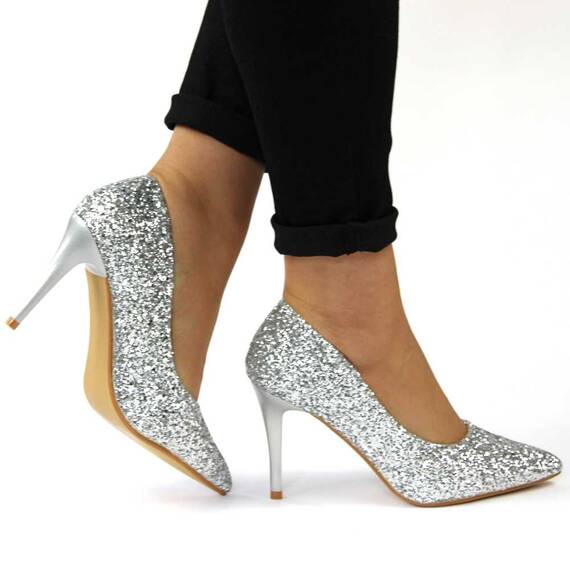 ​Pantofi stiletto de dama, decorati cu glitter argintiu 608-1-SILVER - 4- Roveli