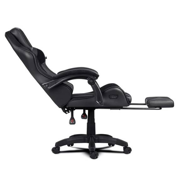 Scaun de gaming, suport extensibil pentru picioare, functie de inclinare a spatarului, reglare a inaltimii, ergonomie, inaltime totala maxima 121 cm, negru - 10- Roveli