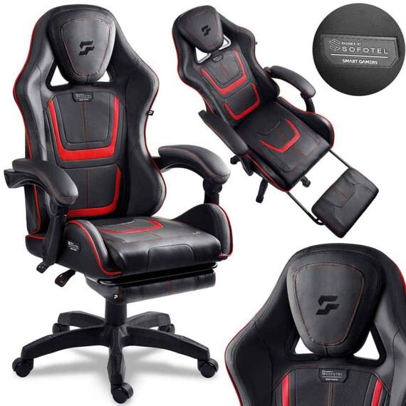 Scaun de gaming, suport extensibil pentru picioare, functie de inclinare a spatarului, reglare a inaltimii, ergonomie, inaltime totala maxima 121 cm, negru si rosu - 5- Roveli