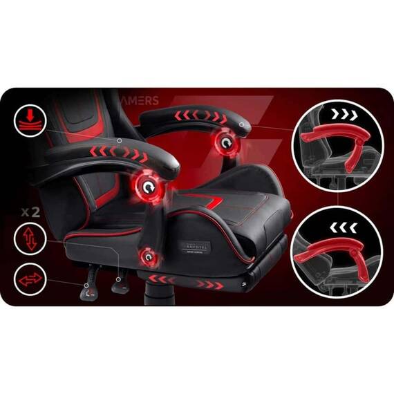 Scaun de gaming, suport extensibil pentru picioare, functie de inclinare a spatarului, reglare a inaltimii, ergonomie, inaltime totala maxima 121 cm, negru si rosu - 11- Roveli
