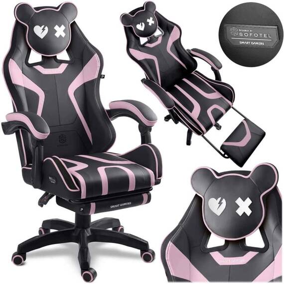 Scaun de gaming, suport extensibil pentru picioare, functie de inclinare a spatarului, reglare a inaltimii, ergonomie, inaltime totala maxima 121 cm, negru si roz - 6- Roveli