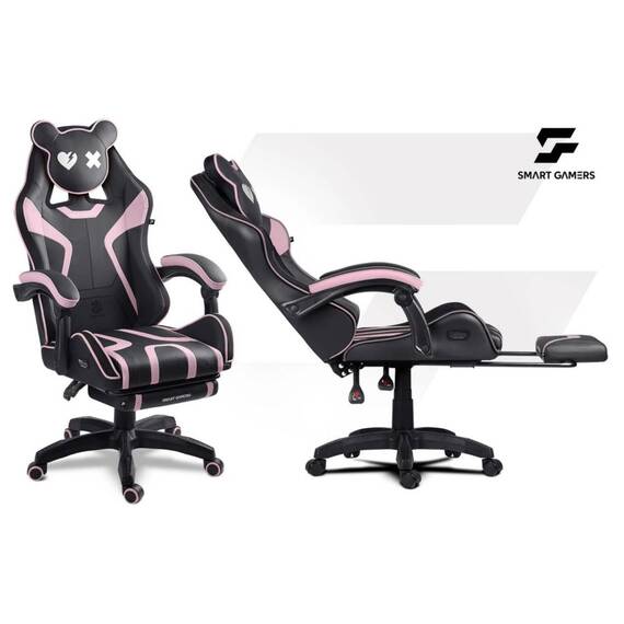 Scaun de gaming, suport extensibil pentru picioare, functie de inclinare a spatarului, reglare a inaltimii, ergonomie, inaltime totala maxima 121 cm, negru si roz - 7- Roveli