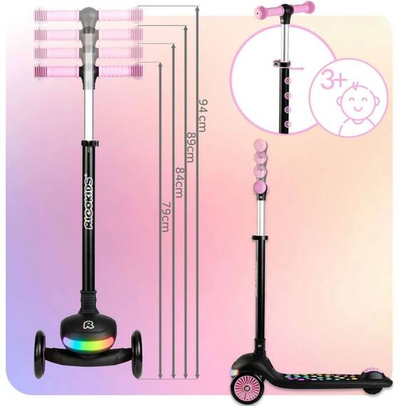 Trotineta de echilibru cu trei roti, ghidon din metal, platforma iluminata cu LED-uri, inaltimea ghidonului este reglabila, 79-94 cm, usor de pliat, frana de picior, neagra si roz - 11- Roveli