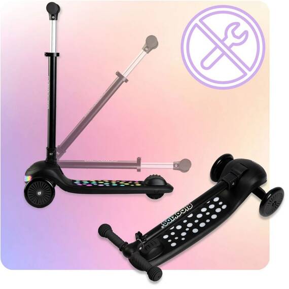 Trotineta de echilibru cu trei roti, ghidon din metal, platforma iluminata cu LED-uri, inaltimea ghidonului este reglabila, 79-94 cm, usor de pliat, frana de picior, neagra - 2- Roveli