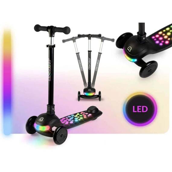 Trotineta de echilibru cu trei roti, ghidon din metal, platforma iluminata cu LED-uri, inaltimea ghidonului este reglabila, 79-94 cm, usor de pliat, frana de picior, neagra - 5- Roveli