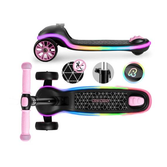 Trotineta de echilibru cu trei roti, ghidon din metal, platforma iluminata cu LED-uri, cu 20 de moduri, inaltimea ghidonului este reglabila, 65–81 cm, usor de pliat, frana de picior, neagra si roz deschis - 5- Roveli