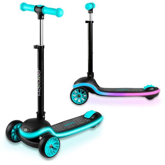 Trotineta de echilibru cu trei roti, ghidon din metal, platforma iluminata cu LED-uri, cu 20 de moduri, inaltimea ghidonului este reglabila, 65–81 cm, usor de pliat, frana de picior, neagra si turcoaz - - Roveli