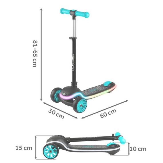 Trotineta de echilibru cu trei roti, ghidon din metal, platforma iluminata cu LED-uri, cu 20 de moduri, inaltimea ghidonului este reglabila, 65–81 cm, usor de pliat, frana de picior, neagra si turcoaz - 10- Roveli