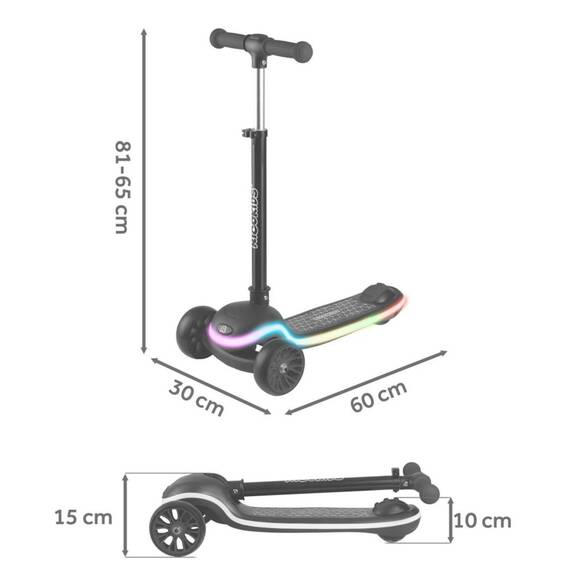 Trotineta de echilibru cu trei roti, ghidon din metal, platforma iluminata cu LED-uri, cu 20 de moduri, inaltimea ghidonului este reglabila, 65–81 cm, usor de pliat, frana de picior, neagra mata - 9- Roveli