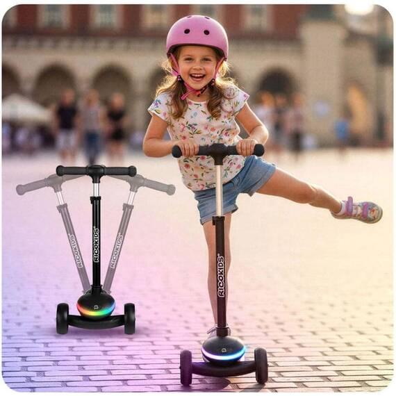 Trotineta de echilibru cu trei roti, ghidon din metal, platforma iluminata cu LED-uri, cu 20 de moduri, inaltimea ghidonului este reglabila, 65–81 cm, usor de pliat, frana de picior, neagra mata - 10- Roveli