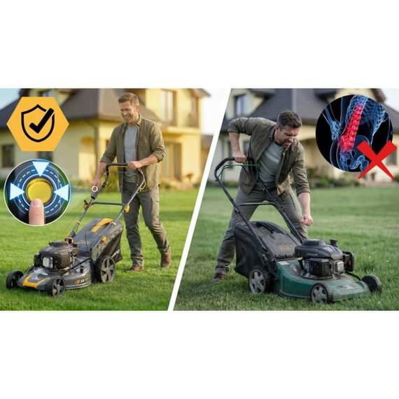 Masina de tuns iarba pe benzina cu actionare autopropulsata, carcasa din otel ranforsat, motor LONCIN, 3,5 kW, 4 timpi, 70 L, 196 cm³, lama de cosit 56 cm, reglare centrala a inaltimii, 6 niveluri, 30–80 mm - 8- Roveli