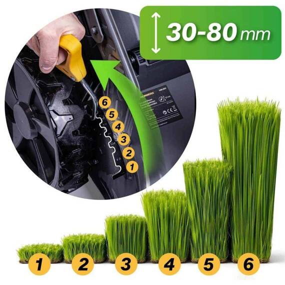 Masina de tuns iarba pe benzina cu actionare autopropulsata, carcasa din otel ranforsat, motor LONCIN, 3,5 kW, 4 timpi, 70 l, 196 cm³, latime de cosire 51 cm, reglare centrala a inaltimii, 6 niveluri, 30–80 mm - 8- Roveli