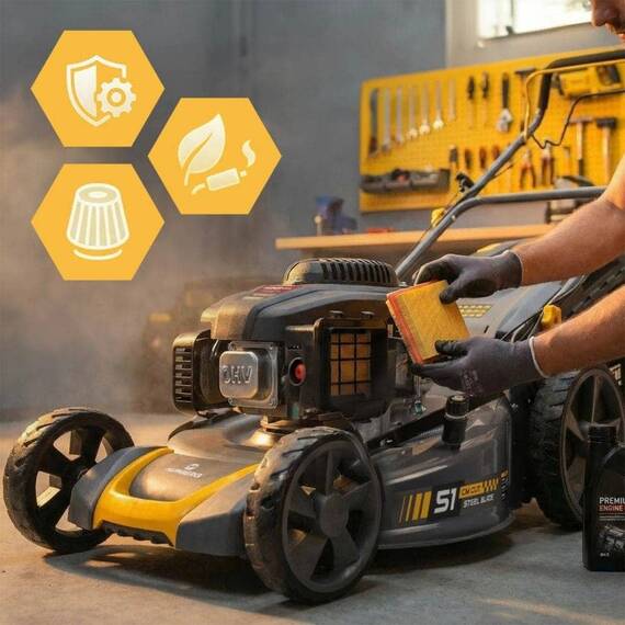 Masina de tuns iarba pe benzina cu actionare autopropulsata, carcasa din otel ranforsat, motor LONCIN, 3,5 kW, 4 timpi, 70 l, 196 cm³, latime de cosire 51 cm, reglare centrala a inaltimii, 6 niveluri, 30–80 mm - 9- Roveli