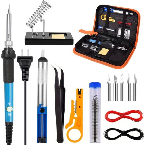 Set Profesional 15 Piese pentru Lipire – Pistol de Lipit, Suport cu Arc, Varfuri Interschimbabile, Pompa cositor, Penseta si Accesorii Complete in Husa Portabila - - Roveli