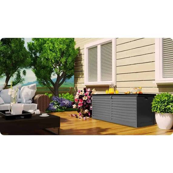 ​Cutie gradina, din plastic, maner de transport, cu capac, 390 l, 143 x 57 x 53,5 cm, negru si gri - 8- Roveli