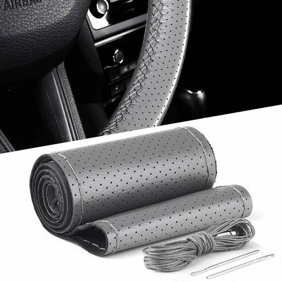 Husa volan din PIELE GRI + ATA GRI, diametru 37 - 39 cm (se coase, aspect ORIGINAL) - - Roveli